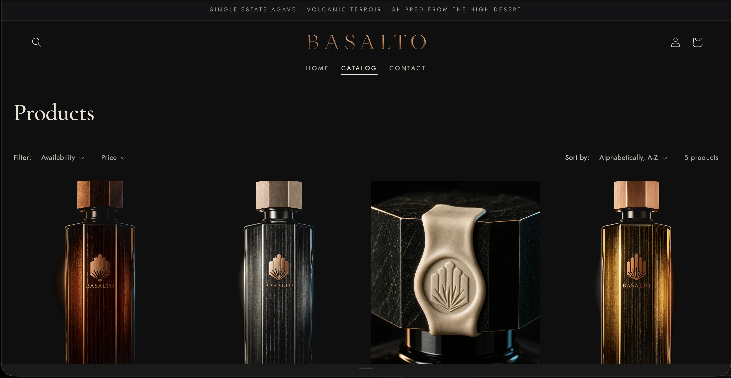 Basalto tequila products page screenshot