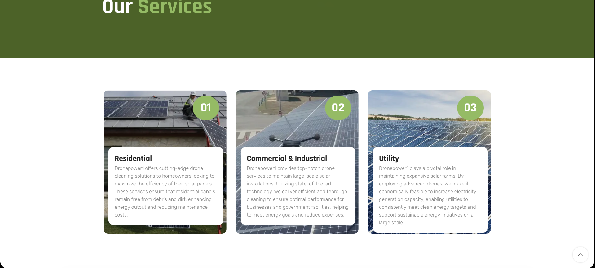 Old DronePower1 services page with three numbered cards