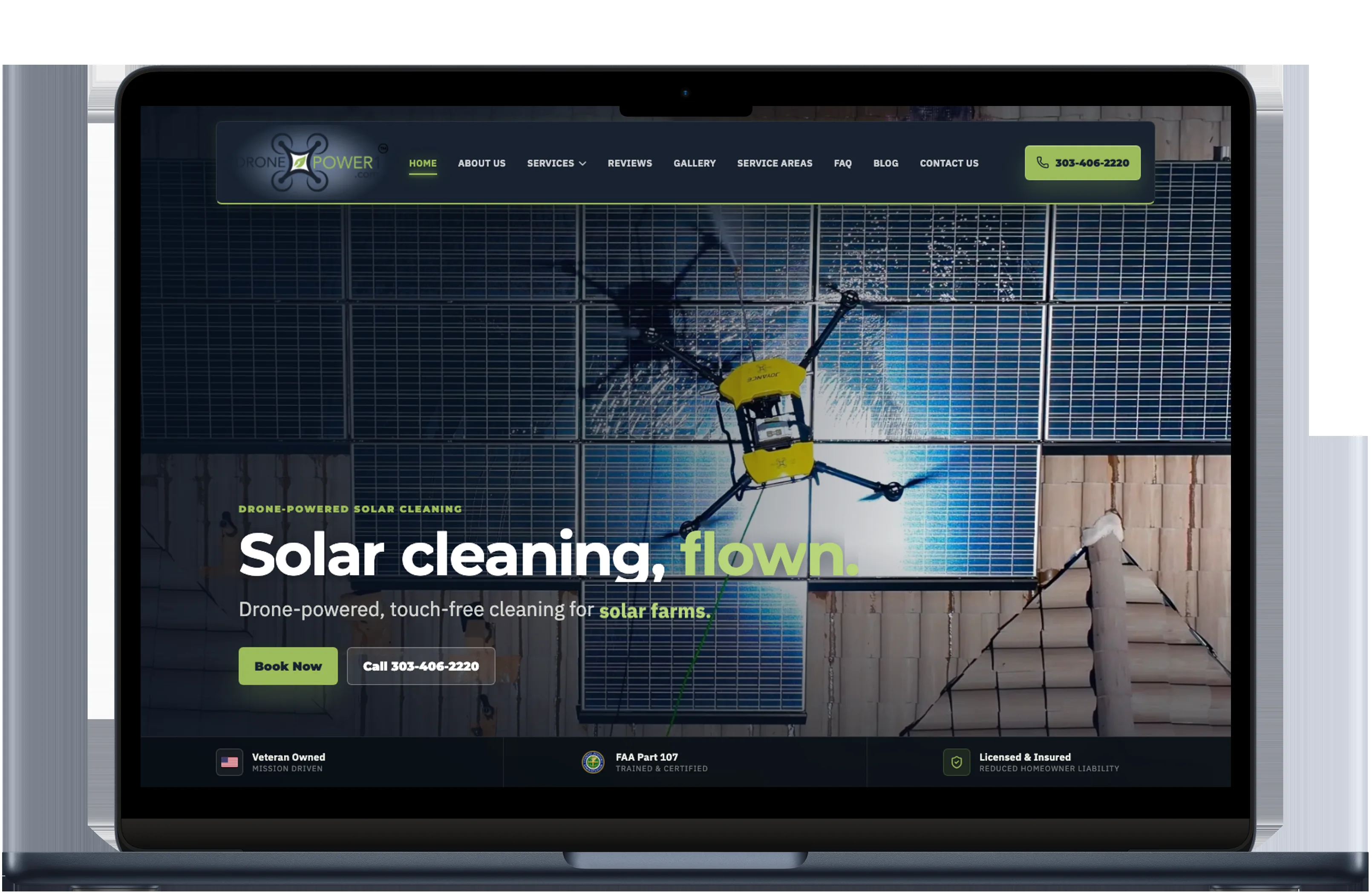DronePower1 homepage on a MacBook — Solar cleaning, flown.