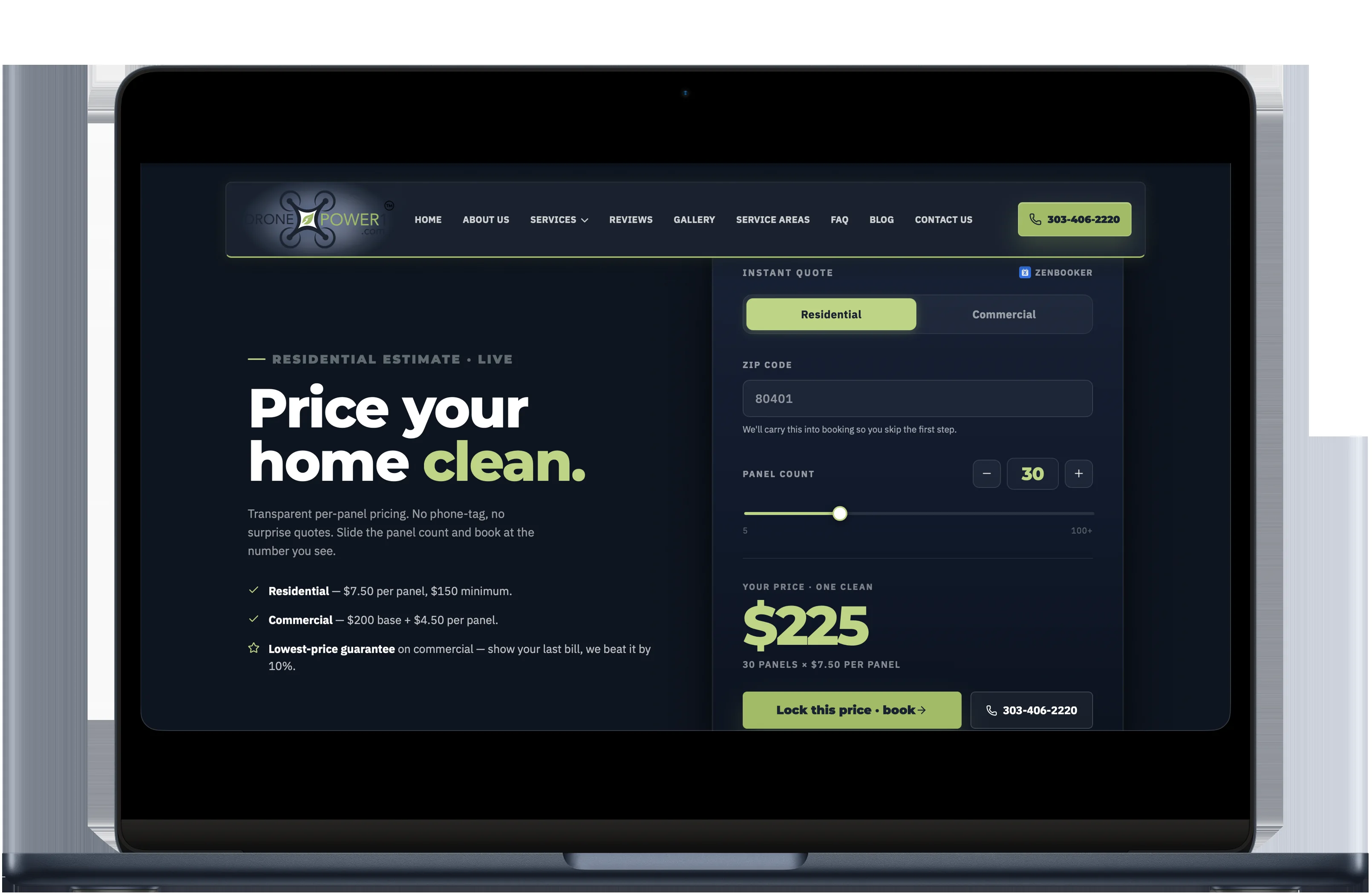 DronePower1 live pricing calculator shown in a MacBook mockup