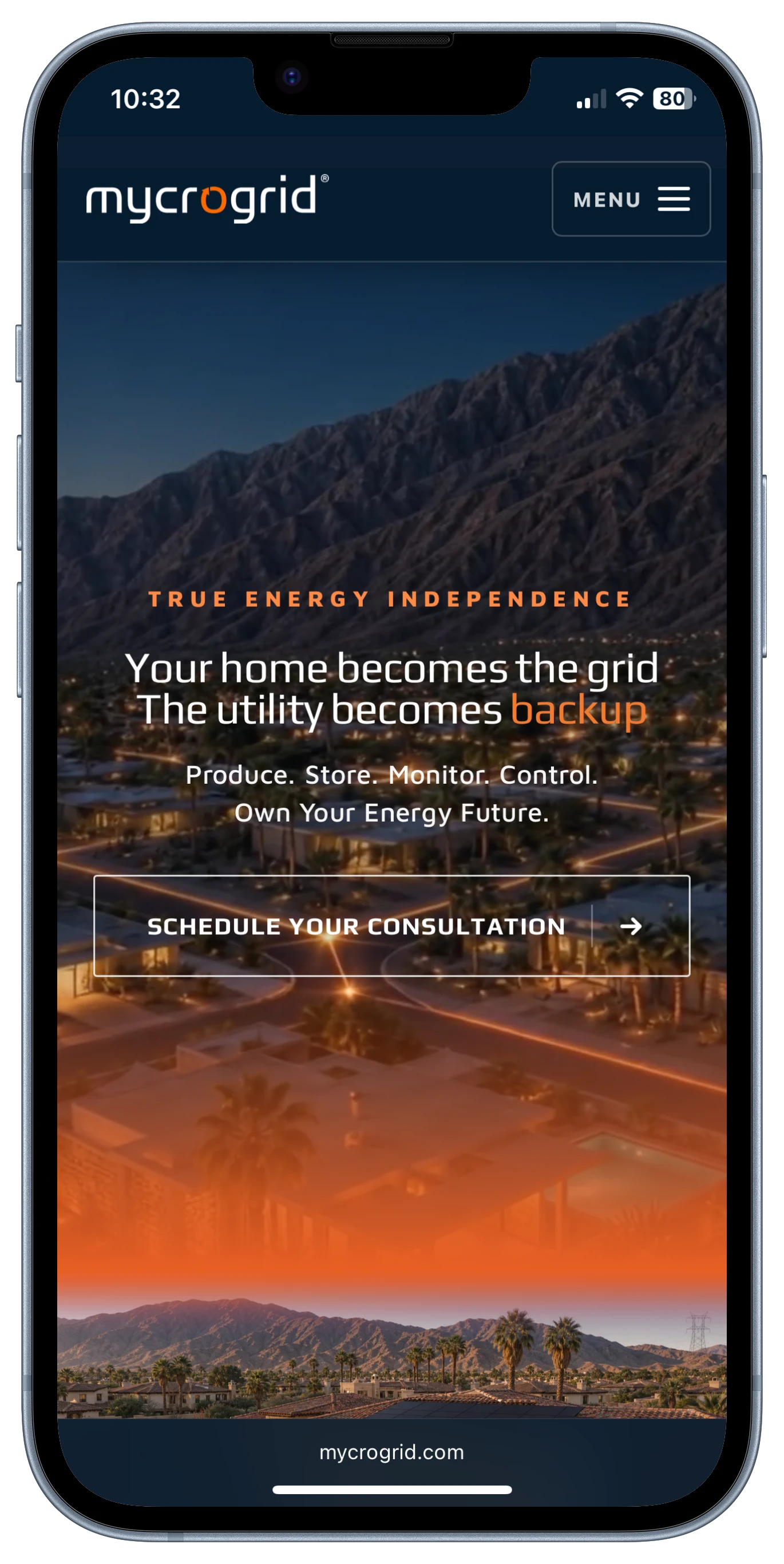 Mycrogrid mobile homepage shown inside a silver iPhone mockup