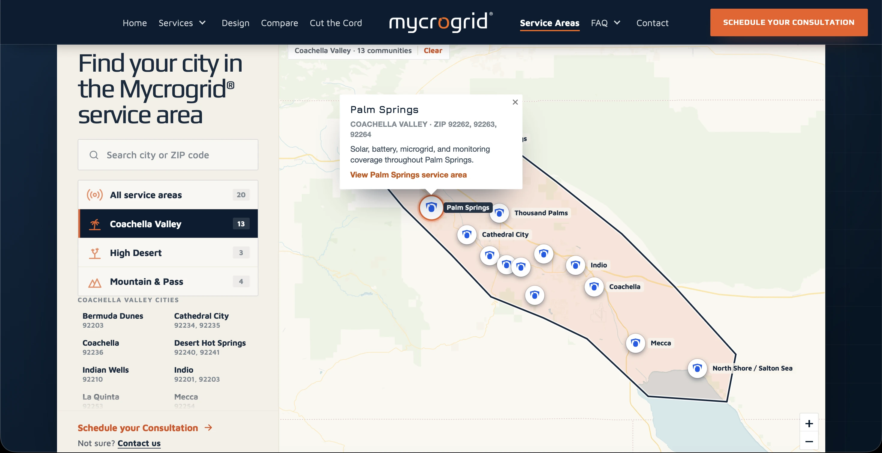 Mycrogrid desktop service-area map showing regional coverage, city filters, and a Palm Springs service-area detail