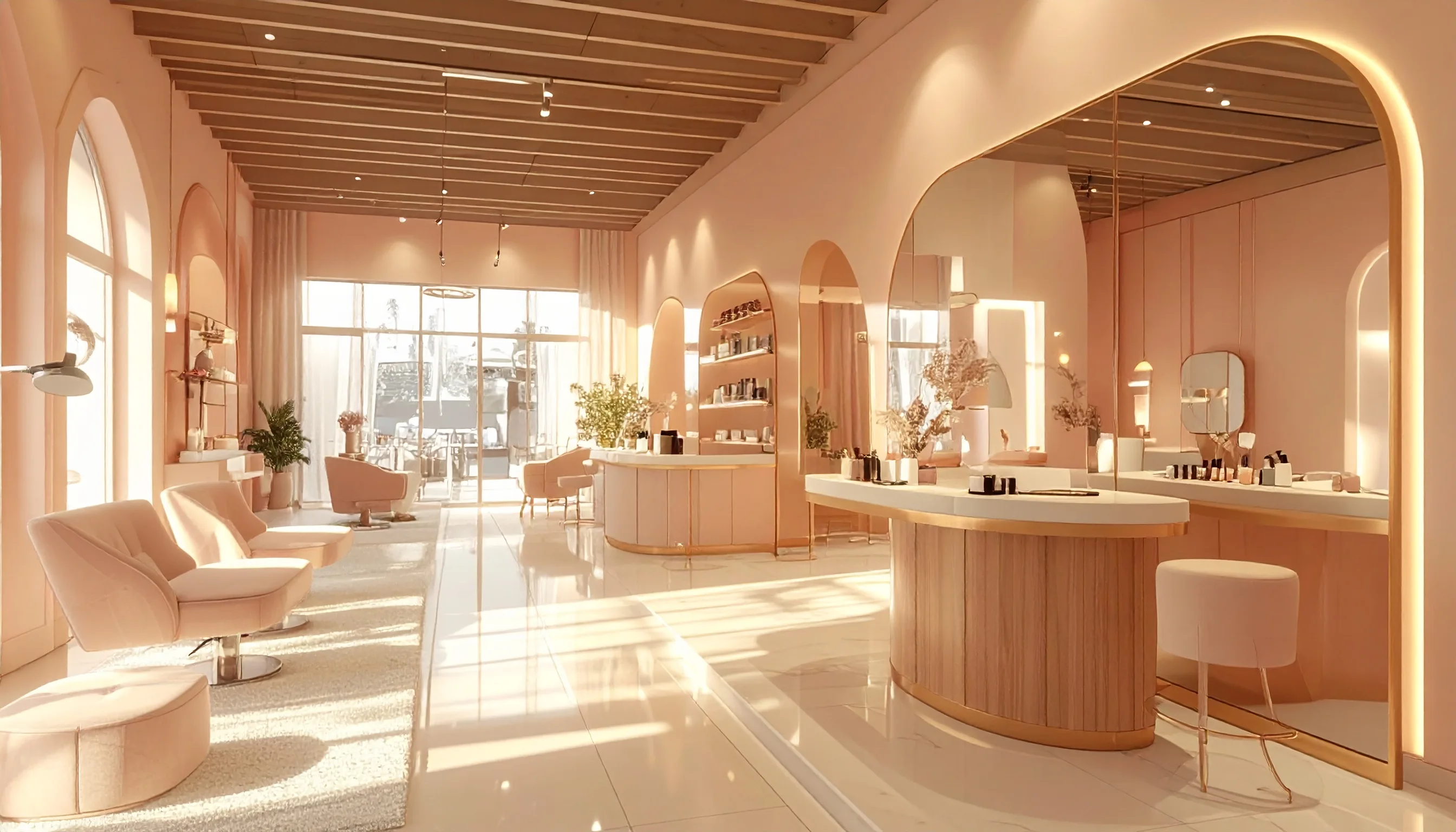 Warm blush-toned nail studio interior