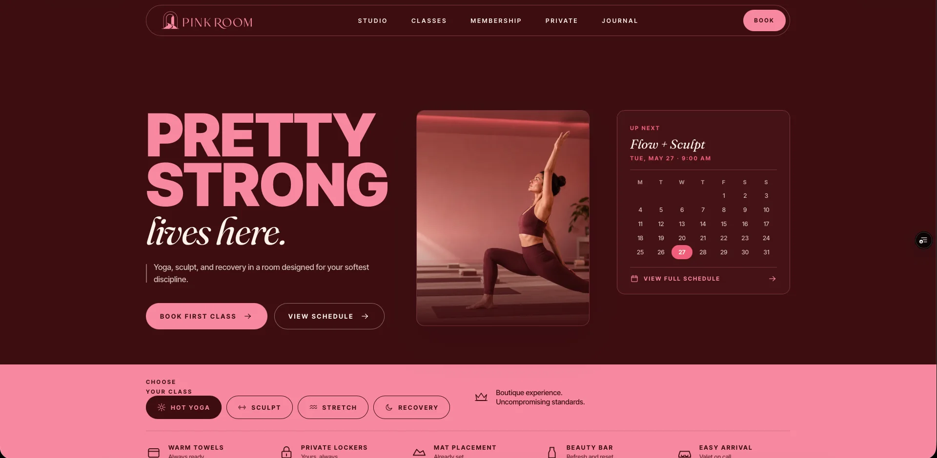 Pink Room boutique yoga studio concept website preview