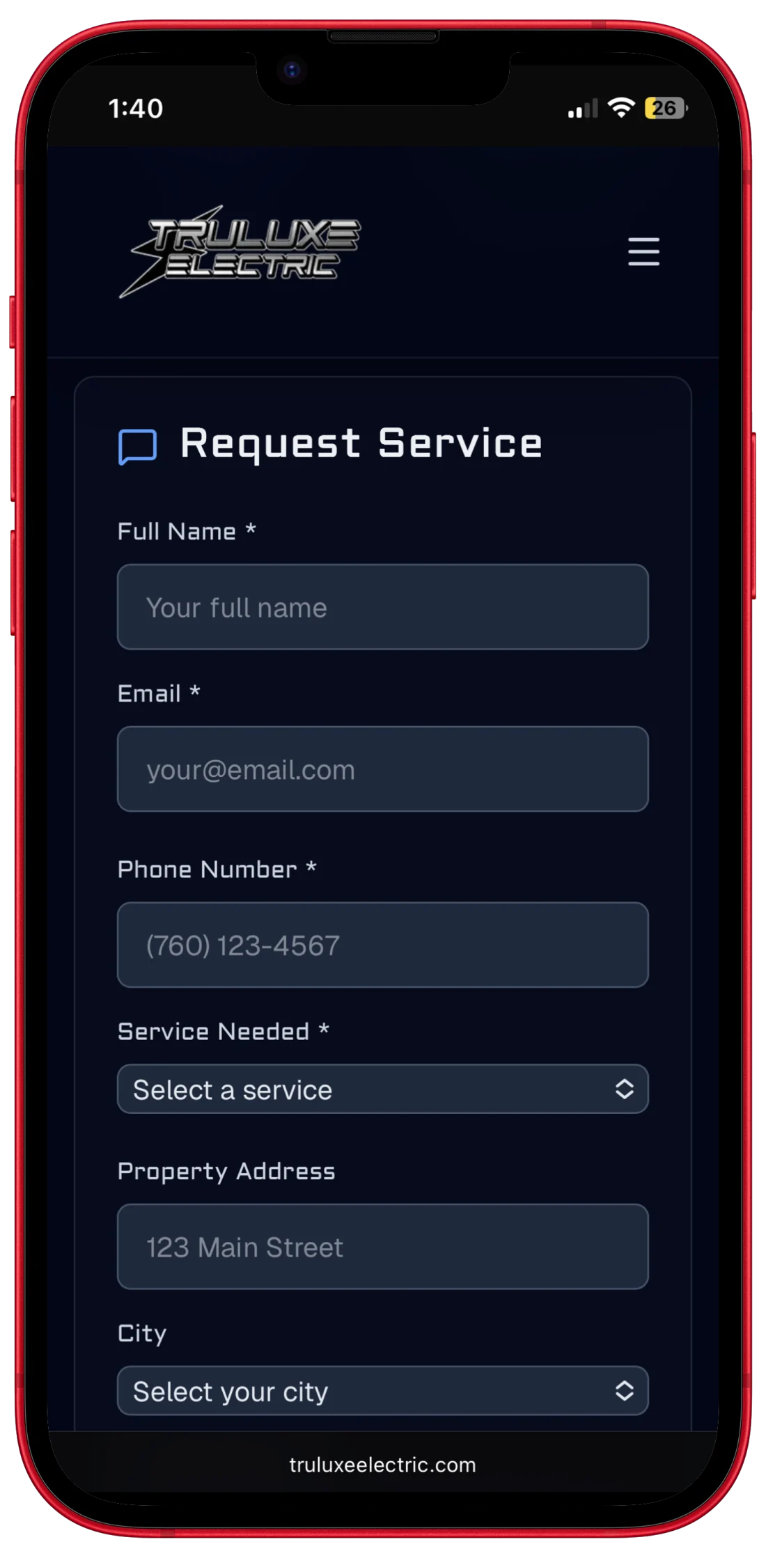 TruLuxe Electric mobile lead form shown in a red iPhone mockup